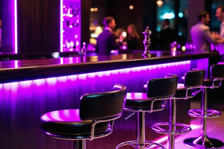 Pink beleuchtete Bar mit Barkeeper
