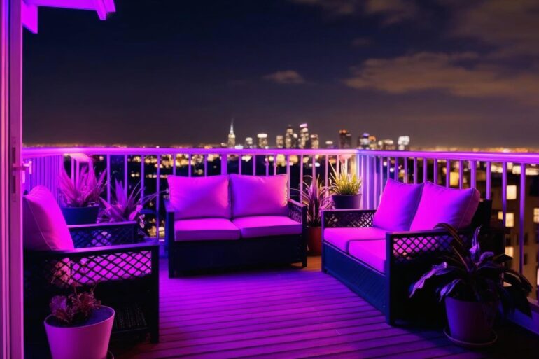 Gemütlicher Balkon mit pinken Lichtern in der Nacht vor einer Skyline