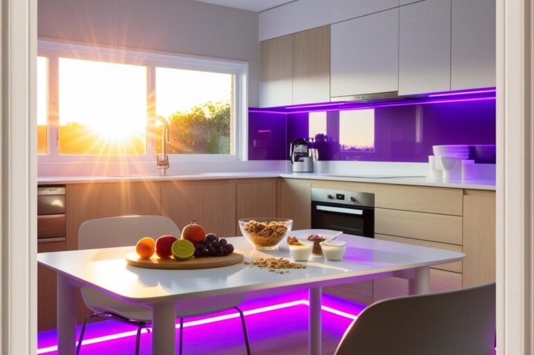 Eine Küche am Morgen, die sonnengflutet ist mit pinken und violetten Lichtern