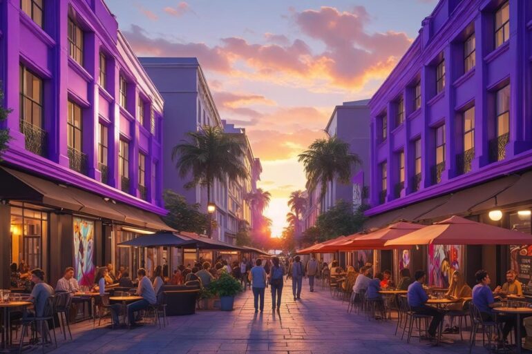 Moderne City mit Palmen und einem schönen Sonnenuntergang