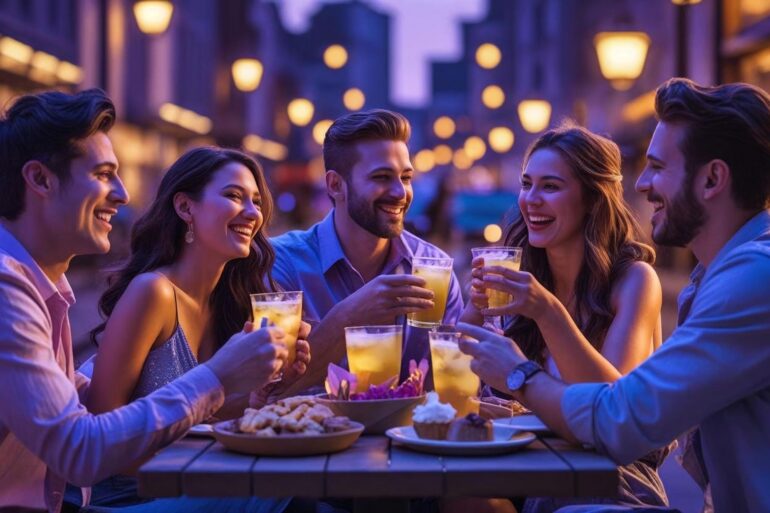 Freunde sitzen gemütlich zusammen und trinken Getränke in der Stadt